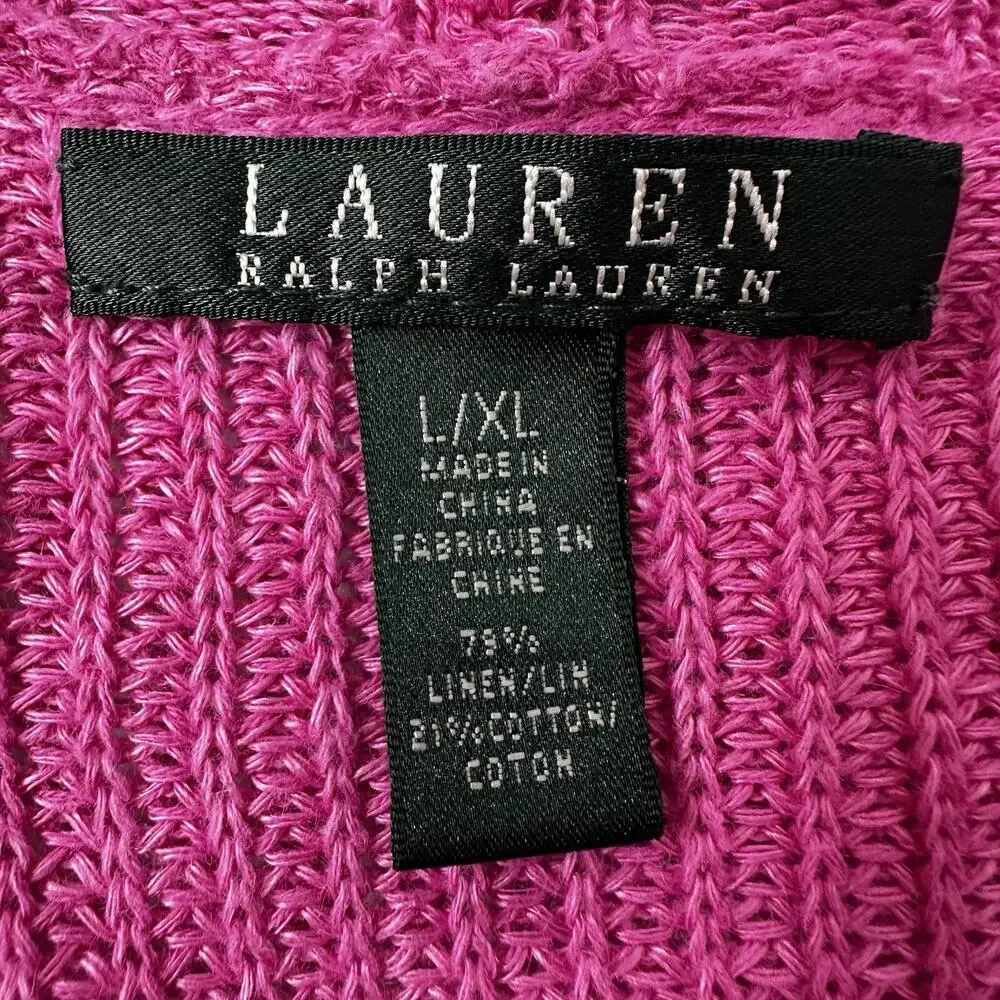 Lauren Ralph Lauren Sweater Womens XL Pink Knit Linen Blend Short‎ Open